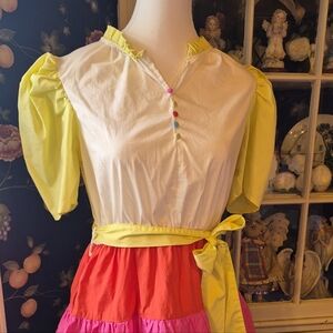 Pastels White and Yellow Colorblock Tiered Dress with Pink & Orange Accents.